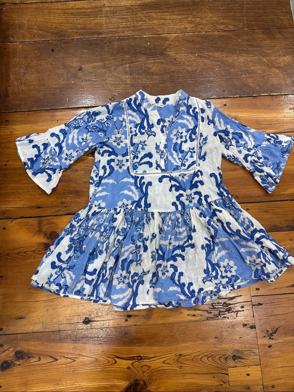 SMF Navy Blue & White Floral Baby Doll Cotton Blouse Top Size small